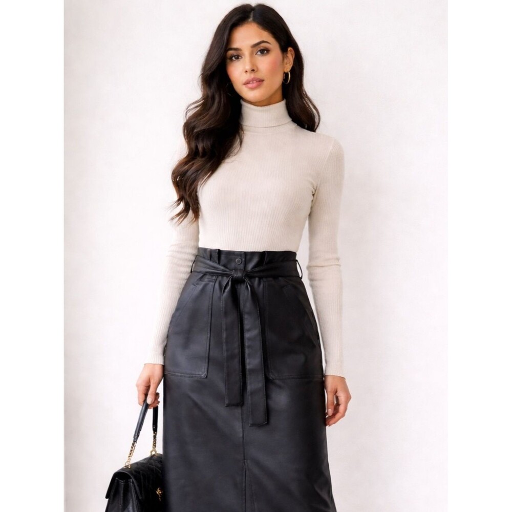 Bagatelle Faux Leather Midi Skirt Belted Black NWT Size M